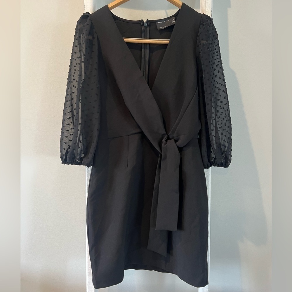 ASOS black chiffon dot sleeve wrap tie waist cocktail holiday dress 4